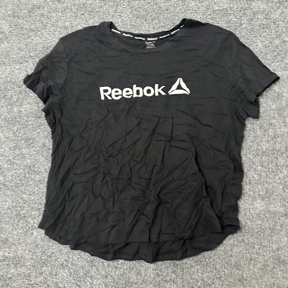 Reebok T-Shirt Womens Size XL Black Viscose Blend Graphic Logo Athletic Gym Top